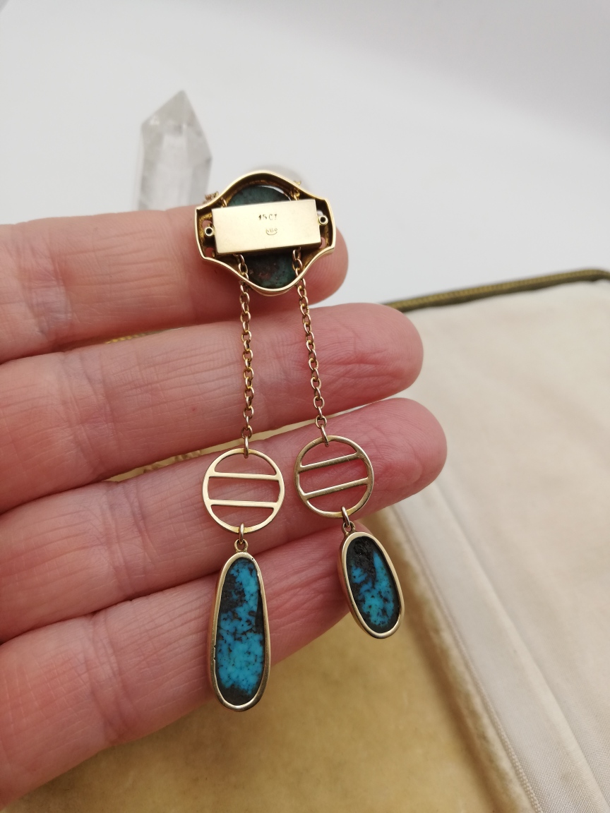 Rare Murrle Bennett Jugendstil design 15ct gold and turquoise Toi et Moi negligee necklace