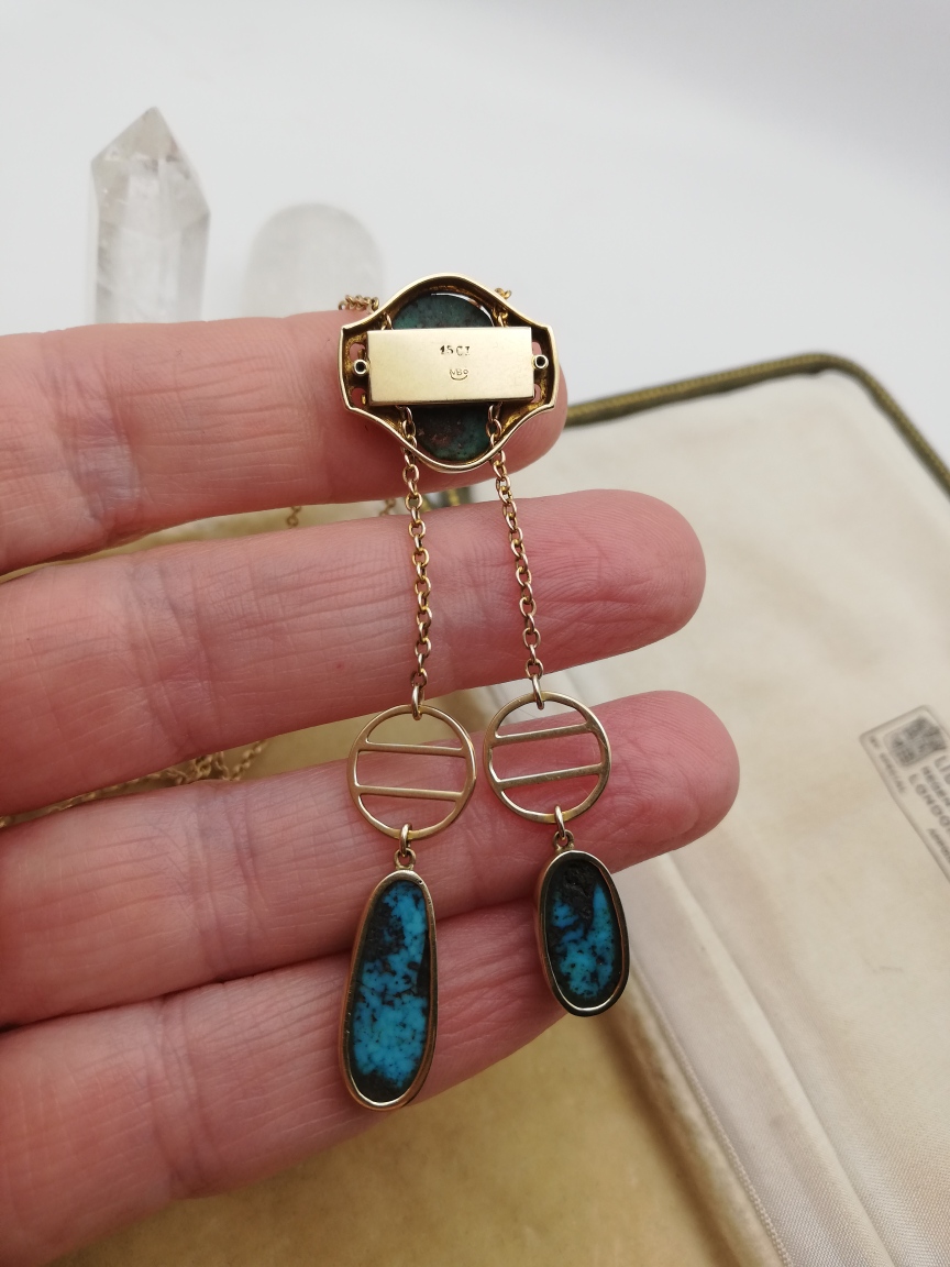 Rare Murrle Bennett Jugendstil design 15ct gold and turquoise Toi et Moi negligee necklace - Image 10