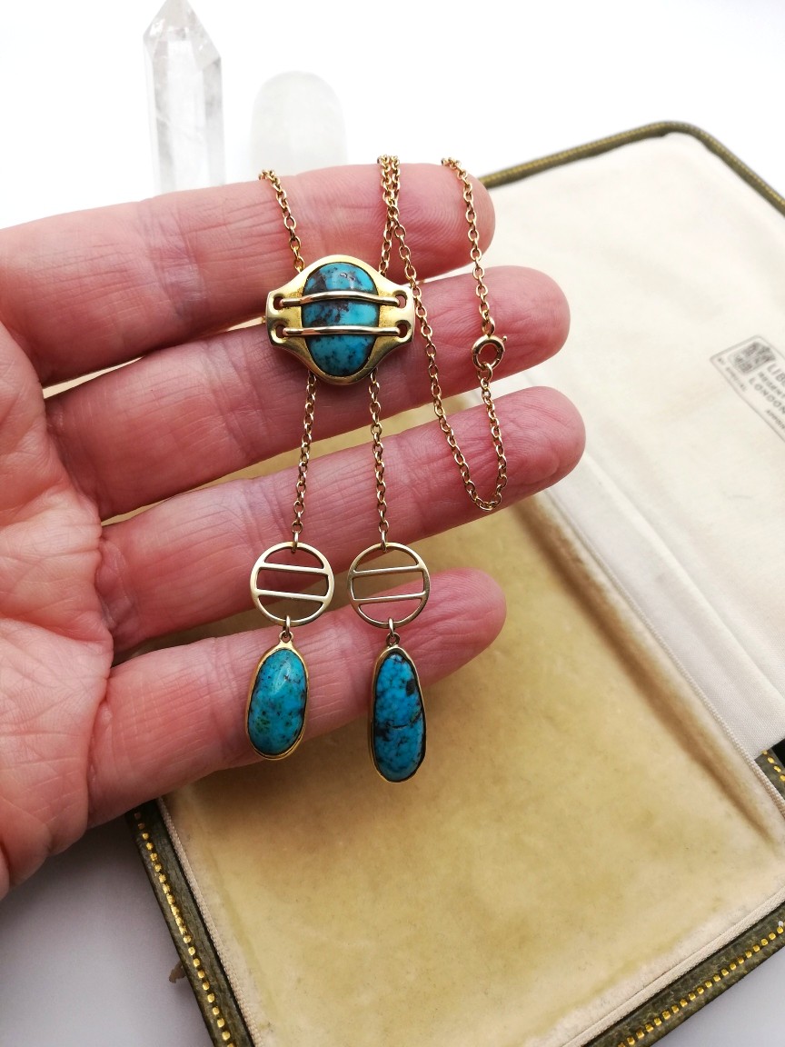 Rare Murrle Bennett Jugendstil design 15ct gold and turquoise Toi et Moi negligee necklace - Image 2
