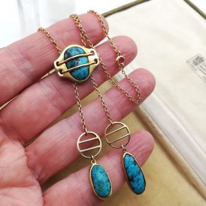 Rare Murrle Bennett Jugendstil design 15ct gold and turquoise Toi et Moi negligee necklace