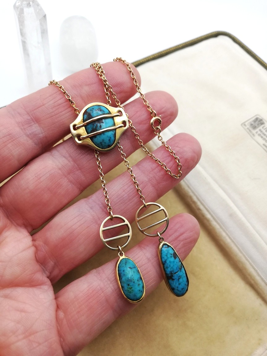 Rare Murrle Bennett Jugendstil design 15ct gold and turquoise Toi et Moi negligee necklace
