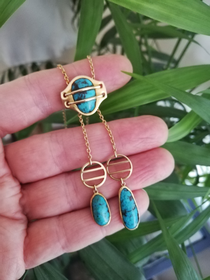 Rare Murrle Bennett Jugendstil design 15ct gold and turquoise Toi et Moi negligee necklace - Image 6