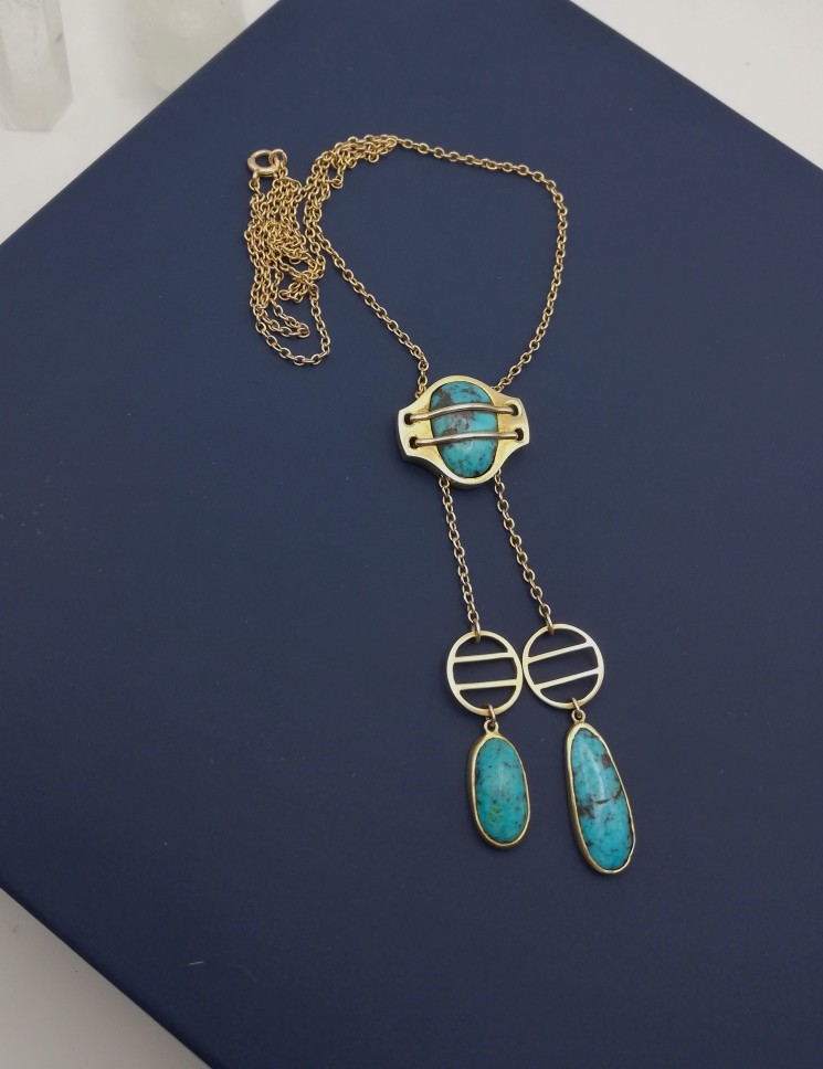 Rare Murrle Bennett Jugendstil design 15ct gold and turquoise Toi et Moi negligee necklace - Image 3