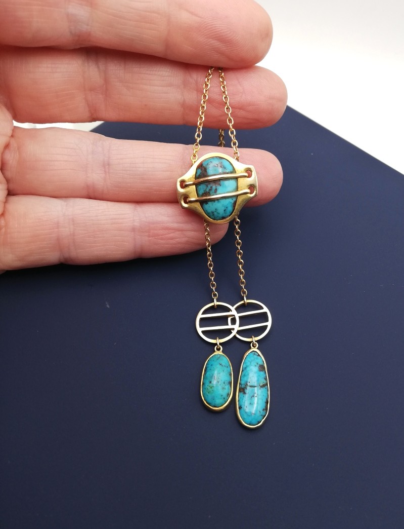 Rare Murrle Bennett Jugendstil design 15ct gold and turquoise Toi et Moi negligee necklace - Image 4