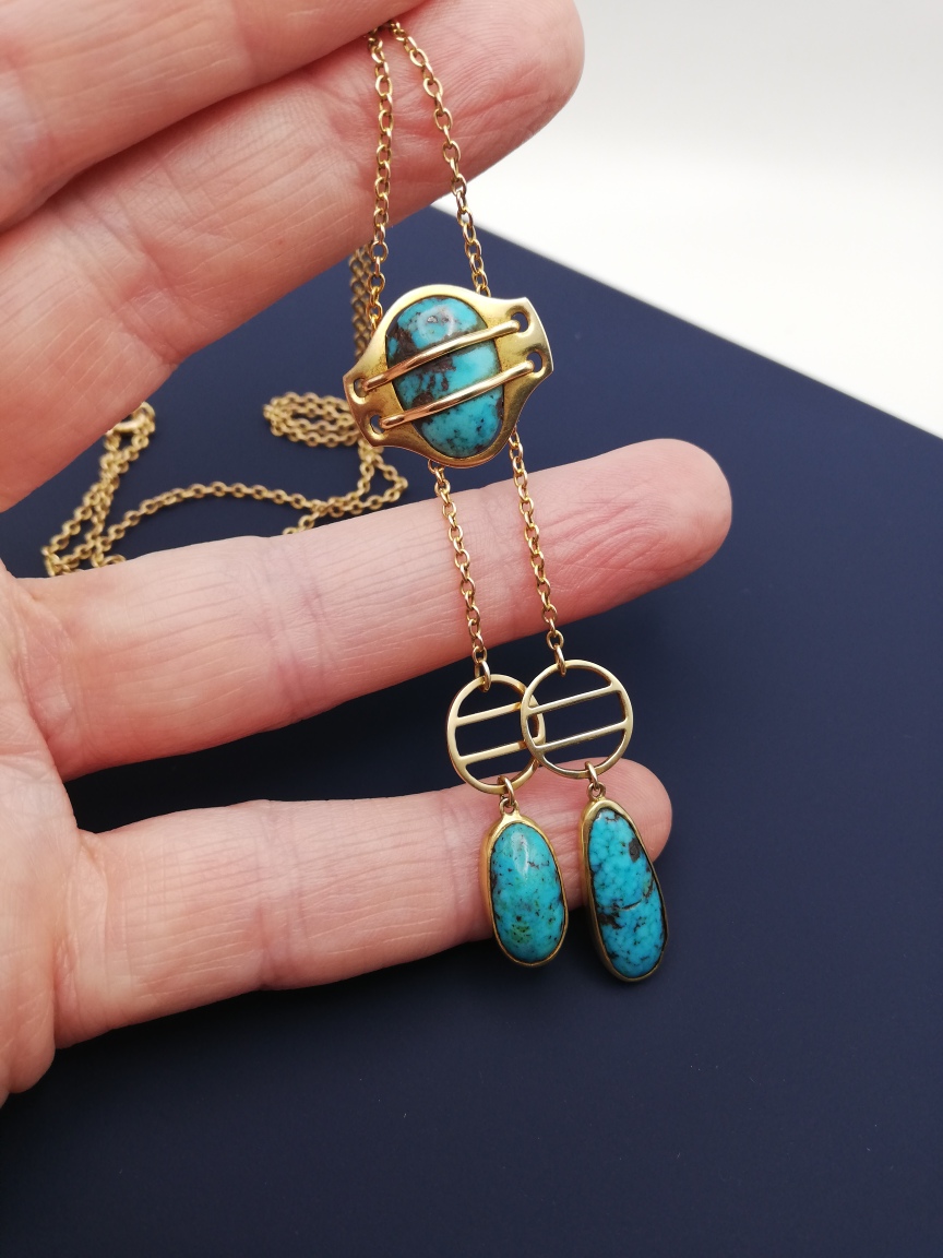 Rare Murrle Bennett Jugendstil design 15ct gold and turquoise Toi et Moi negligee necklace - Image 5