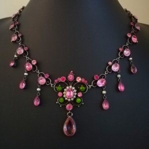 Glorious antique Edwardian c1910 pink paste and pearl riviere fringe necklace in original fitted box