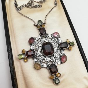 Amy Sandheim unique statement Arts and Crafts cruciform mixed gems foliate necklace