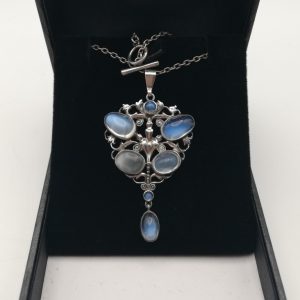 Scarce Liberty & Co Ceylon blue moonstone pendant with Murrle Bennett chain c1900