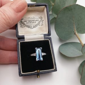 Wonderful Art Deco platinum step-cut aquamarine and diamonds ring