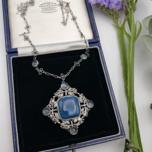 H G Murphy attr impressive Arts and Crafts foliate necklace with lapis and blue moonstones c1920s