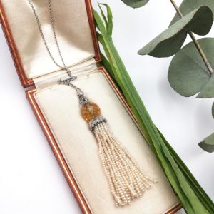 Glorious Edwardian white gold, diamonds, citrine and pearls tassel necklace in original fitted box