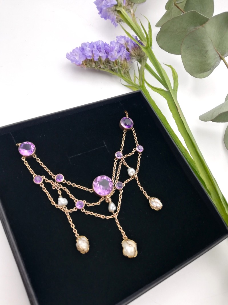 Edwardian 9ct gold, amethyst and baroque pearls festoon necklace c1910 - Image 3