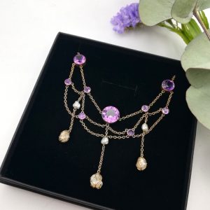 Edwardian 9ct gold, amethyst and baroque pearls festoon necklace c1910