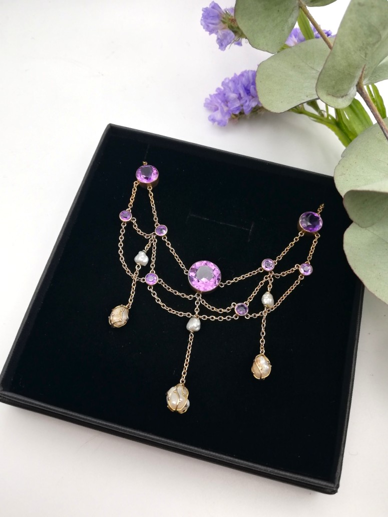 Edwardian 9ct gold, amethyst and baroque pearls festoon necklace c1910
