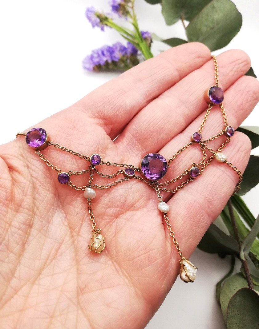 Edwardian 9ct gold, amethyst and baroque pearls festoon necklace c1910 - Image 2