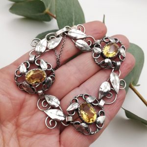 Charles and Gladys Mumford rare hand-crafted Arts and Crafts foliate bracelet with lemon citrines