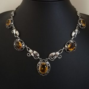 Charles and Gladys Mumford rare hand-crafted Arts and Crafts foliate necklace with honey citrines