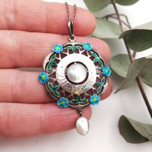 Murrle Bennett c1900 Arts and Crafts hammered silver and enamel flower pendant with blister pearls