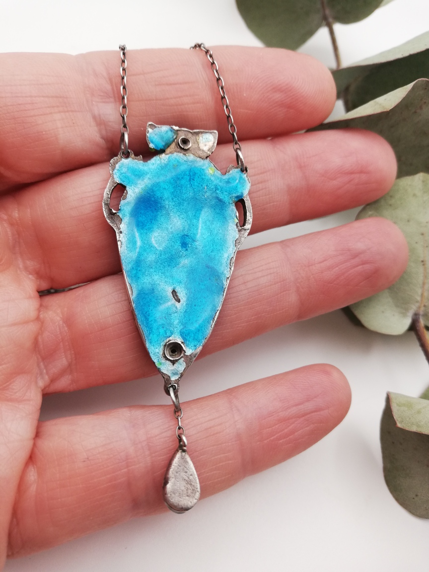 c1900 beautiful Art Nouveau enamel and pearl hand wrought pendant necklace in sterling silver - Image 6