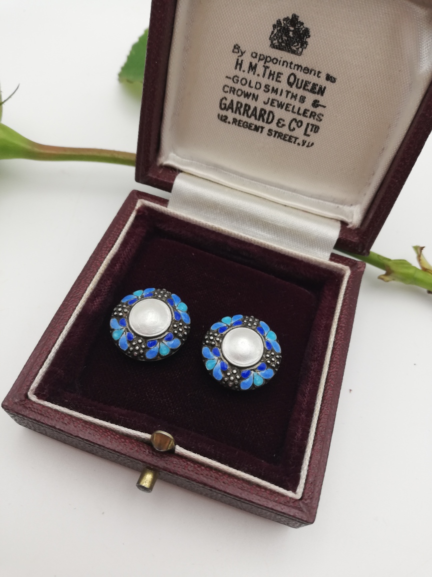 Super Bernard Instone blues enamel and pearl clip Arts and Crafts earrings c1930