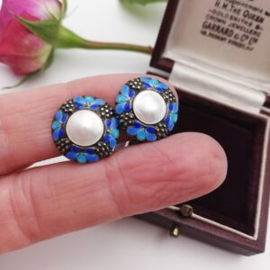 Super Bernard Instone blues enamel and pearl clip Arts and Crafts earrings c1930