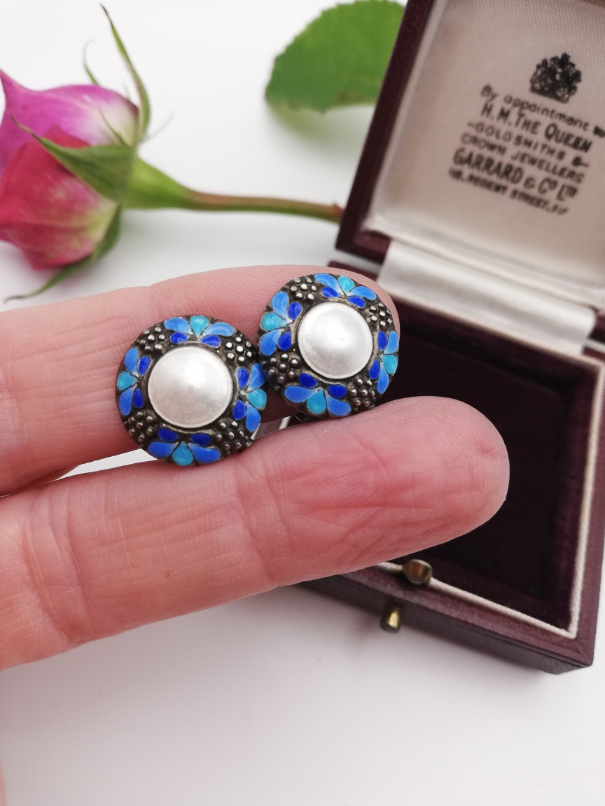 Super Bernard Instone blues enamel and pearl clip Arts and Crafts earrings c1930