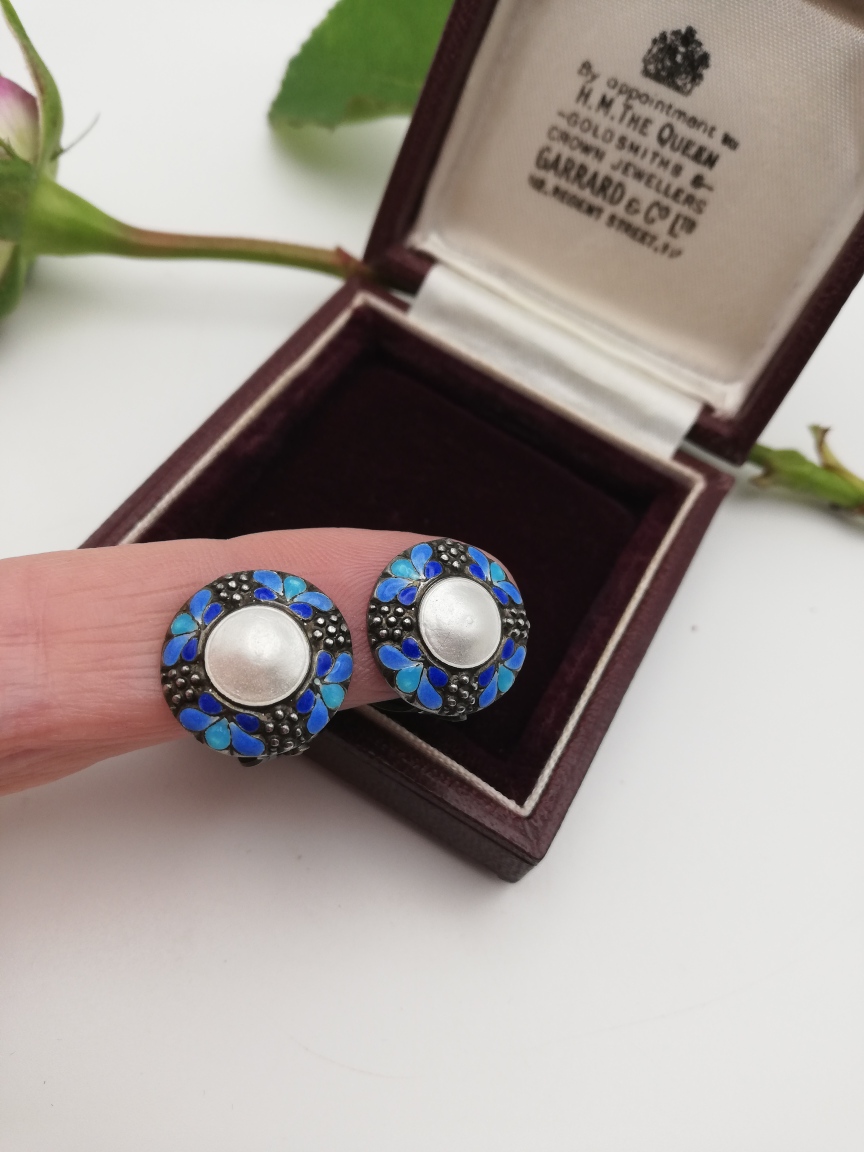 Super Bernard Instone blues enamel and pearl clip Arts and Crafts earrings c1930 - Image 2