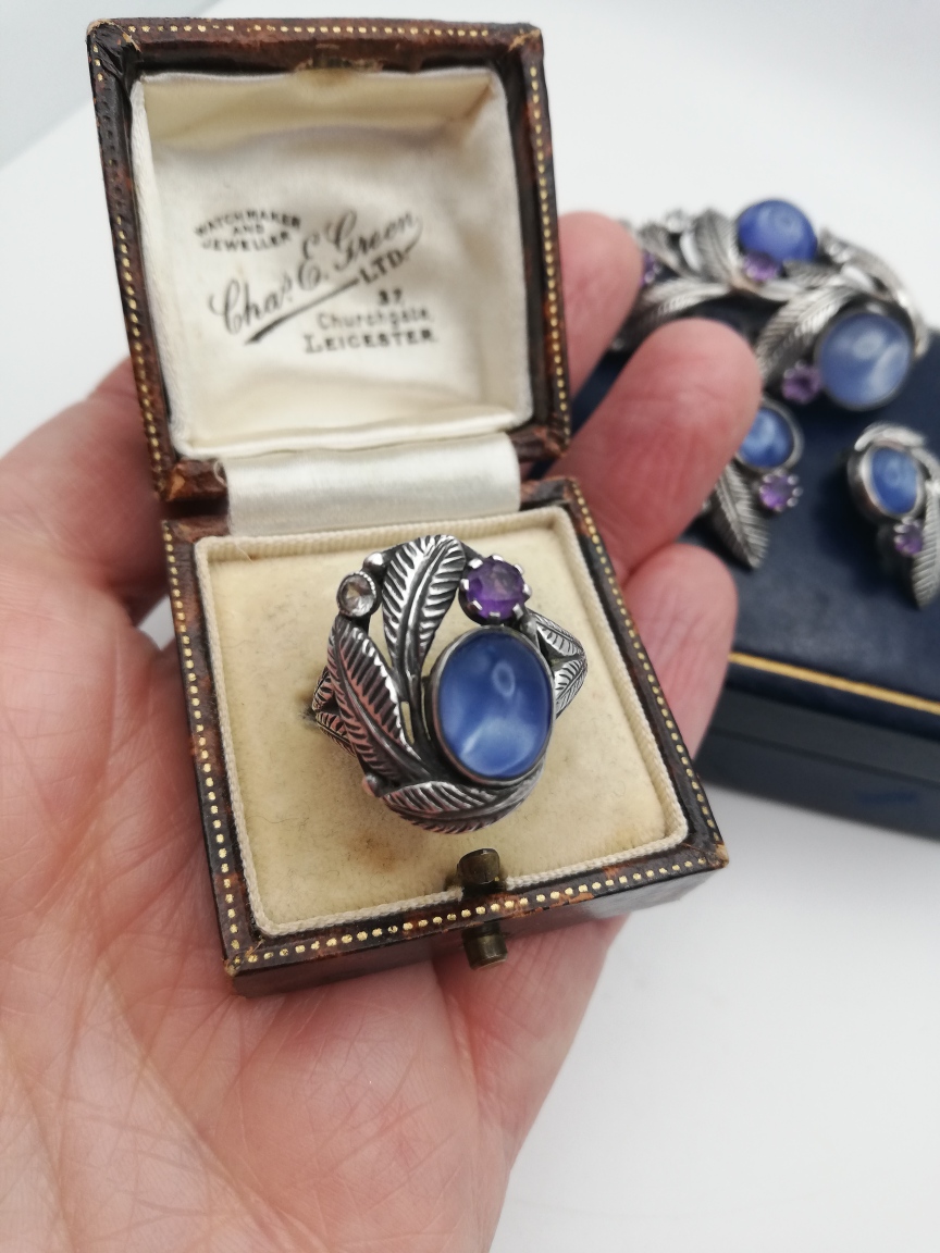 Rare Bernard Instone parure with foiled rose quartz and amethyst- museum standard