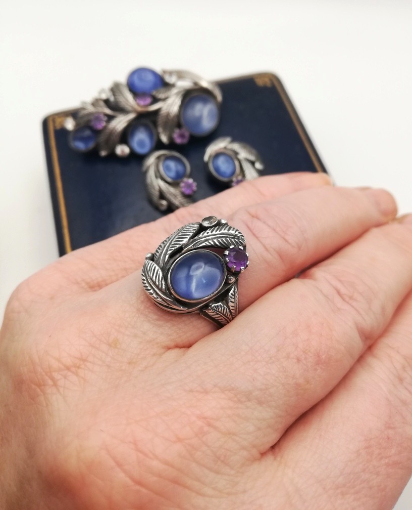 Rare Bernard Instone parure with foiled rose quartz and amethyst- museum standard