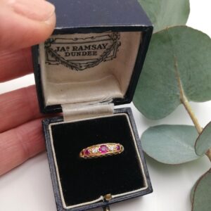 Antique 18ct gold hallmarked boat ring with rubies and diamonds