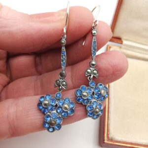 Antique Edwardian marcasite and blue crystal forget-me-not flower drop earrings