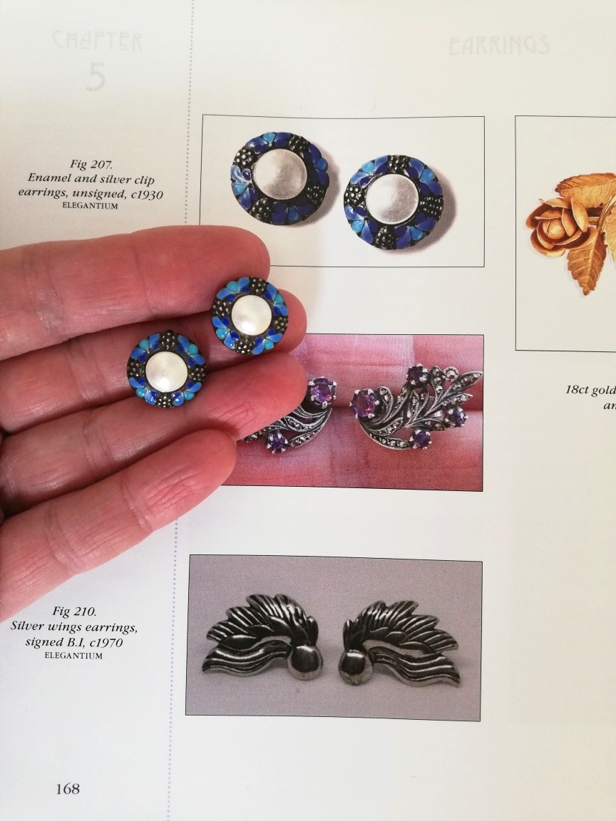 Super Bernard Instone blues enamel and pearl clip Arts and Crafts earrings c1930