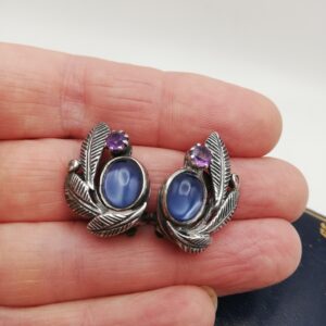 Rare Bernard Instone Arts and Crafts earrings with foiled rose quartz and amethyst
