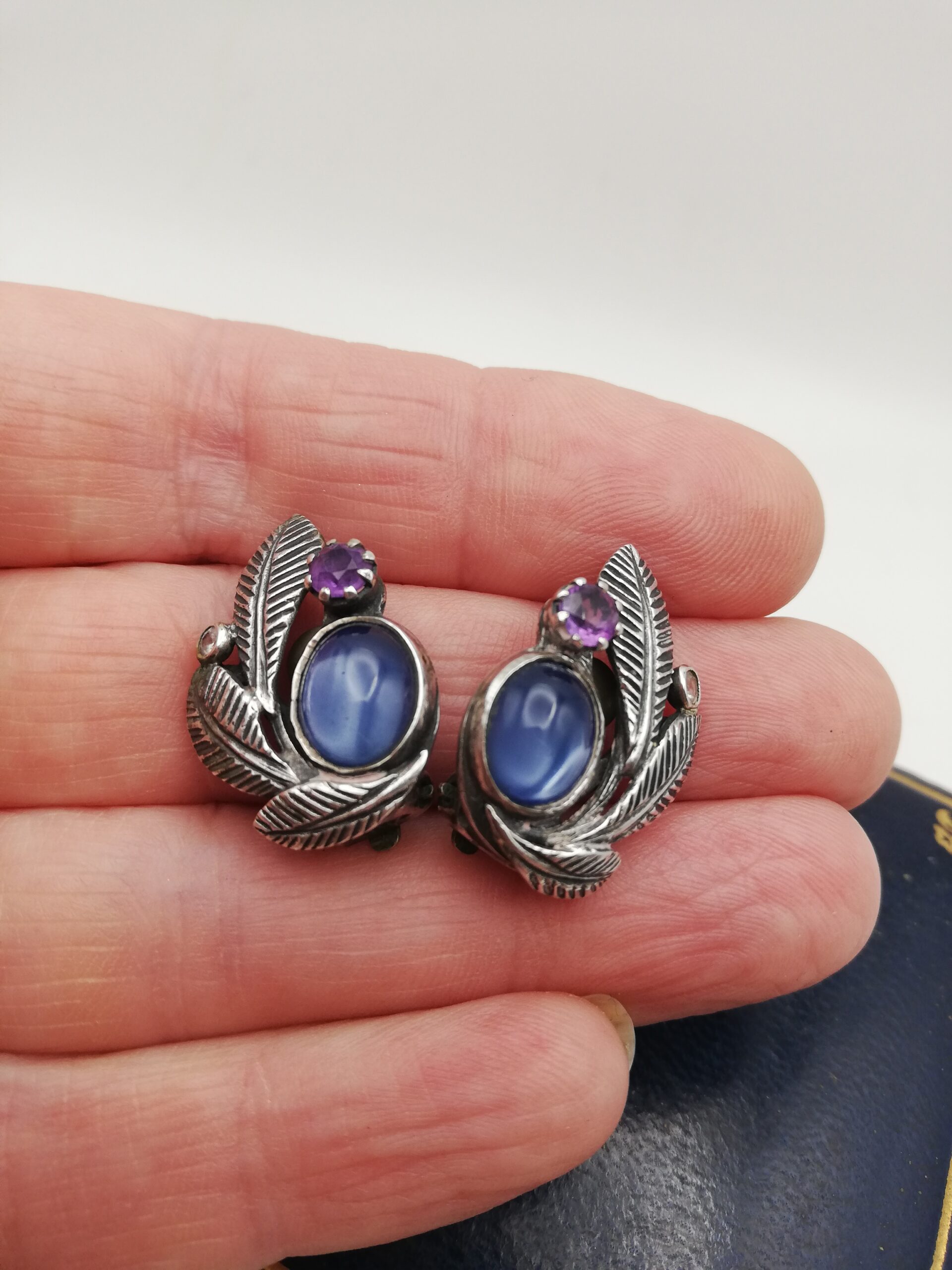 Rare Bernard Instone Arts and Crafts earrings with foiled rose quartz and amethyst