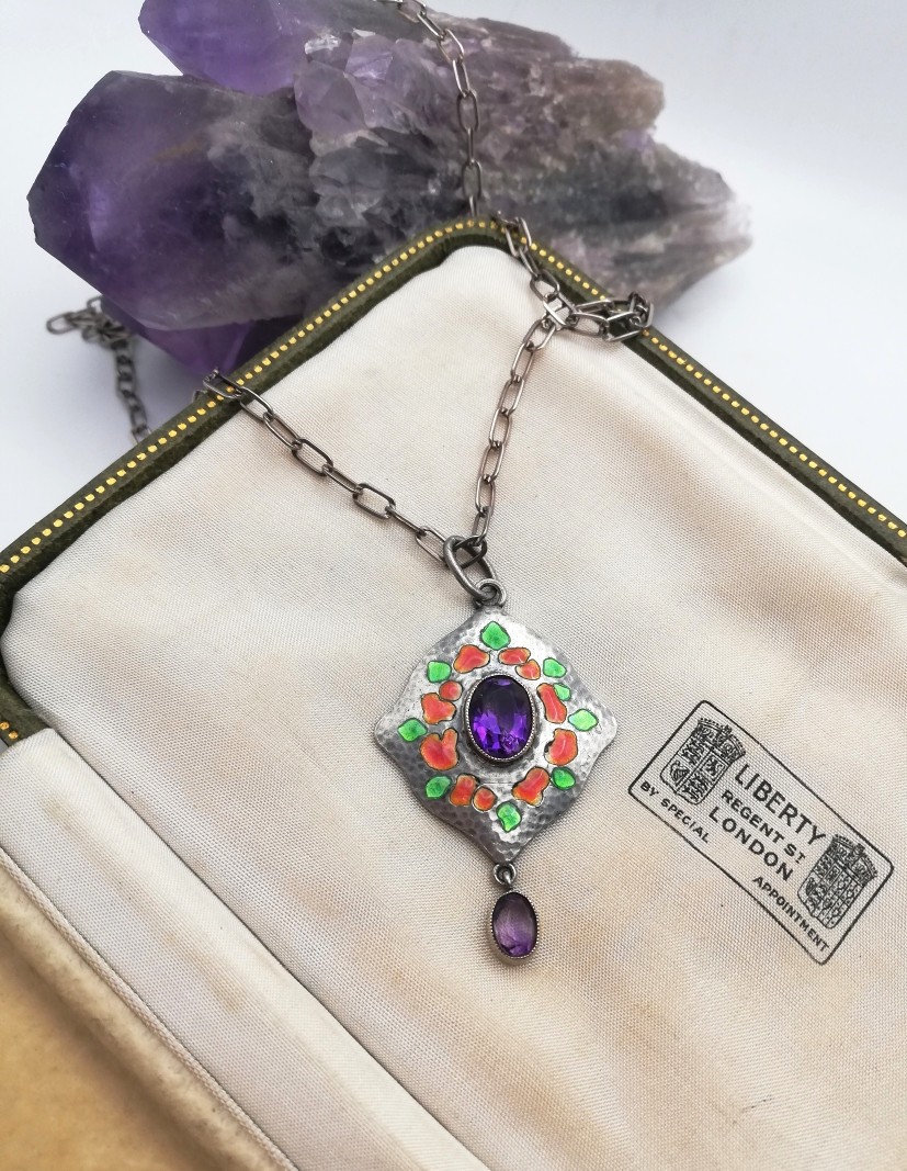 Reserved for A****Murrle Bennett c1905 rare amethyst and enamel Arts and Crafts pendant necklace in silver and gold - Image 8