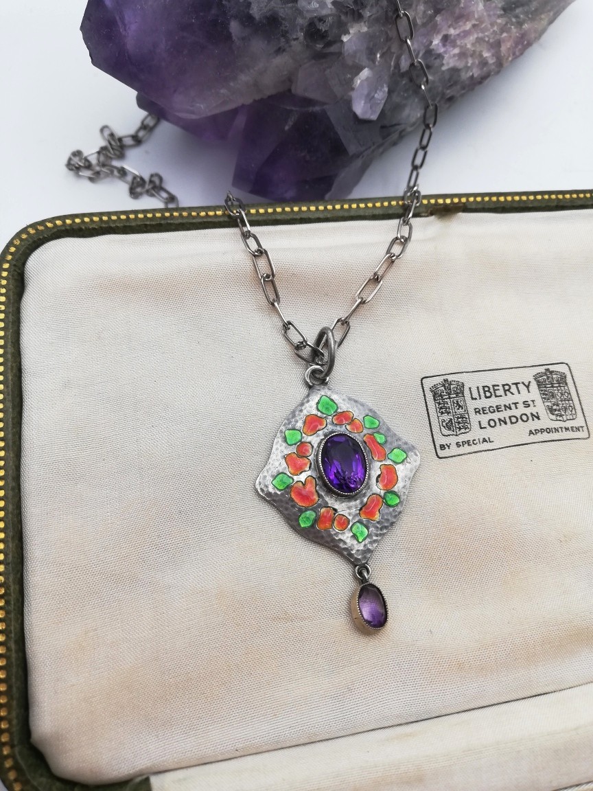 Reserved for A****Murrle Bennett c1905 rare amethyst and enamel Arts and Crafts pendant necklace in silver and gold - Image 7