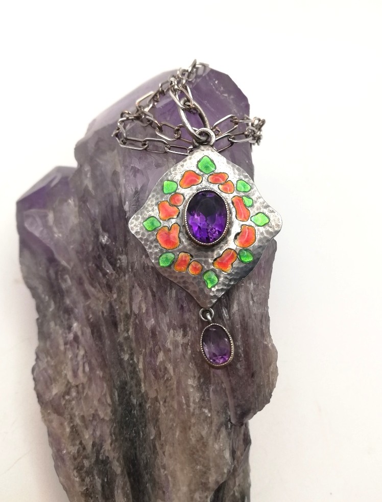 Murrle Bennett c1905 rare amethyst and enamel Arts and Crafts pendant necklace in silver and gold