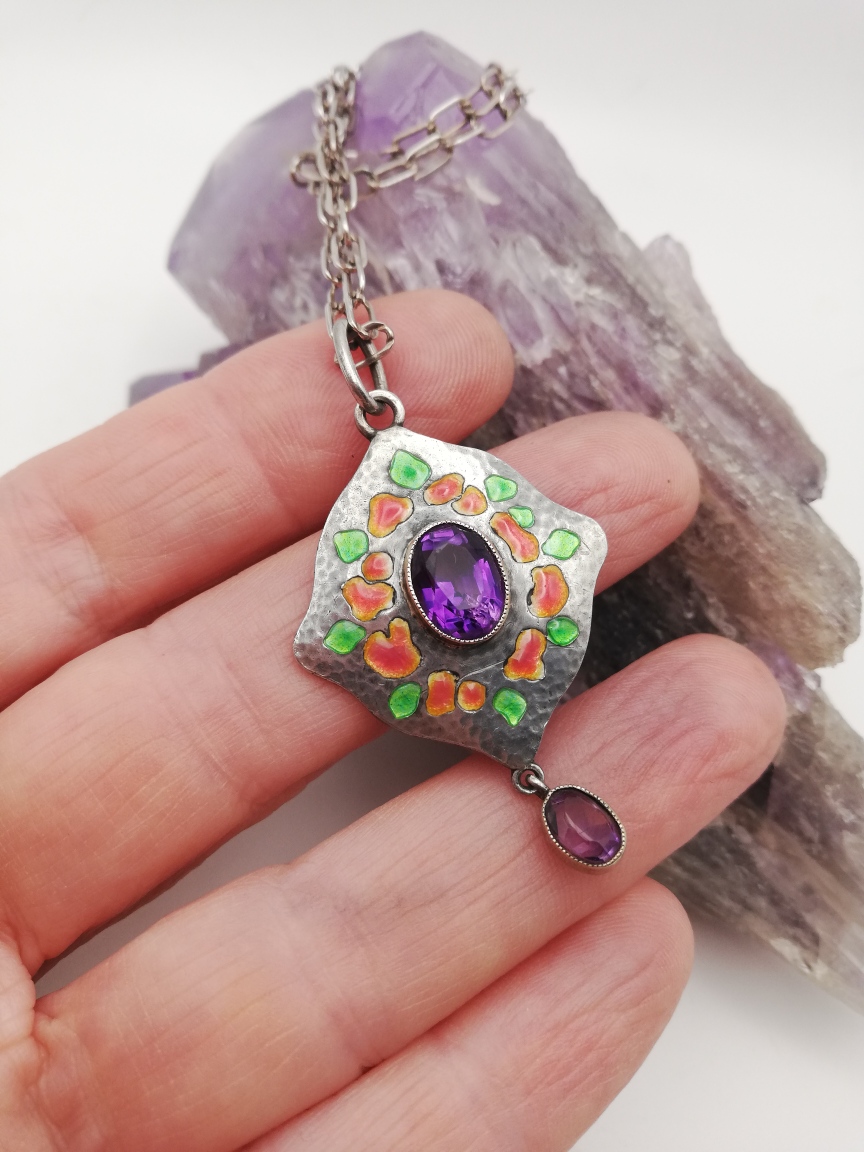 Murrle Bennett c1905 rare amethyst and enamel Arts and Crafts pendant necklace in silver and gold