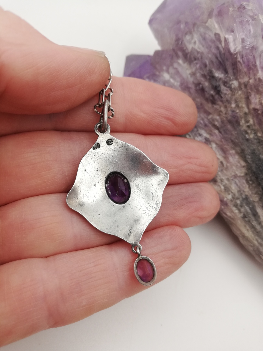Reserved for A****Murrle Bennett c1905 rare amethyst and enamel Arts and Crafts pendant necklace in silver and gold - Image 9