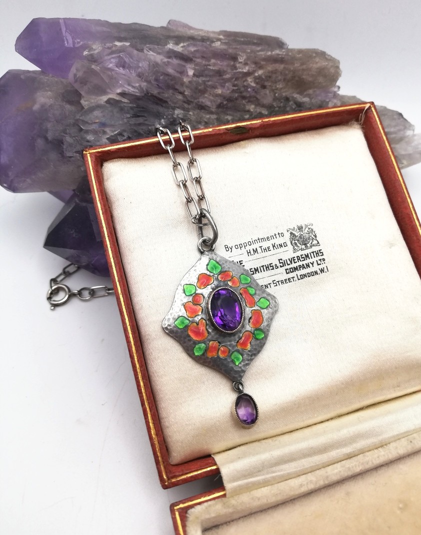 Murrle Bennett c1905 rare amethyst and enamel Arts and Crafts pendant necklace in silver and gold