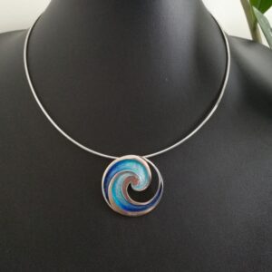 Sheila Fleet of Scotland blues enamel silver waves torque necklace