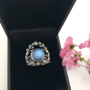 Unique Gaskin Museum piece Arts and Crafts ring in silver and gold with Ceylon blue moonstone c1900s