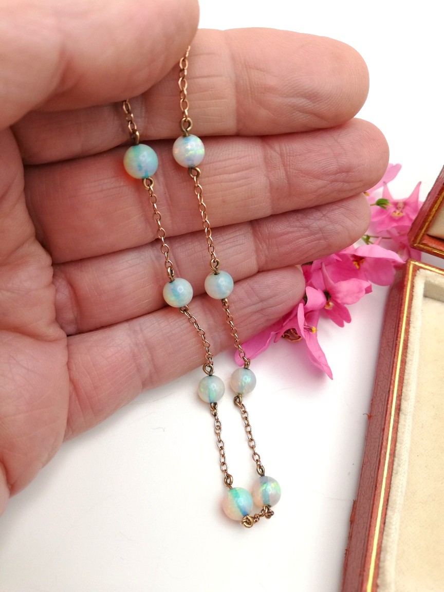 Edwardian c1910 14ct rose gold and fiery opal beads station necklace