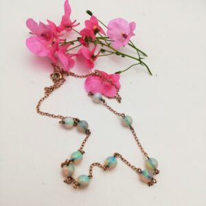 Edwardian c1910 14ct rose gold and fiery opal beads station necklace