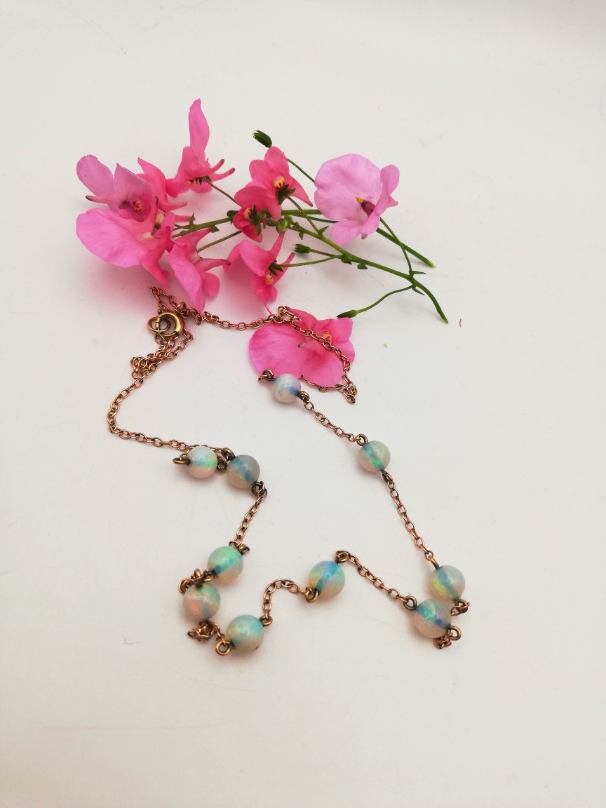 Edwardian c1910 14ct rose gold and fiery opal beads station necklace