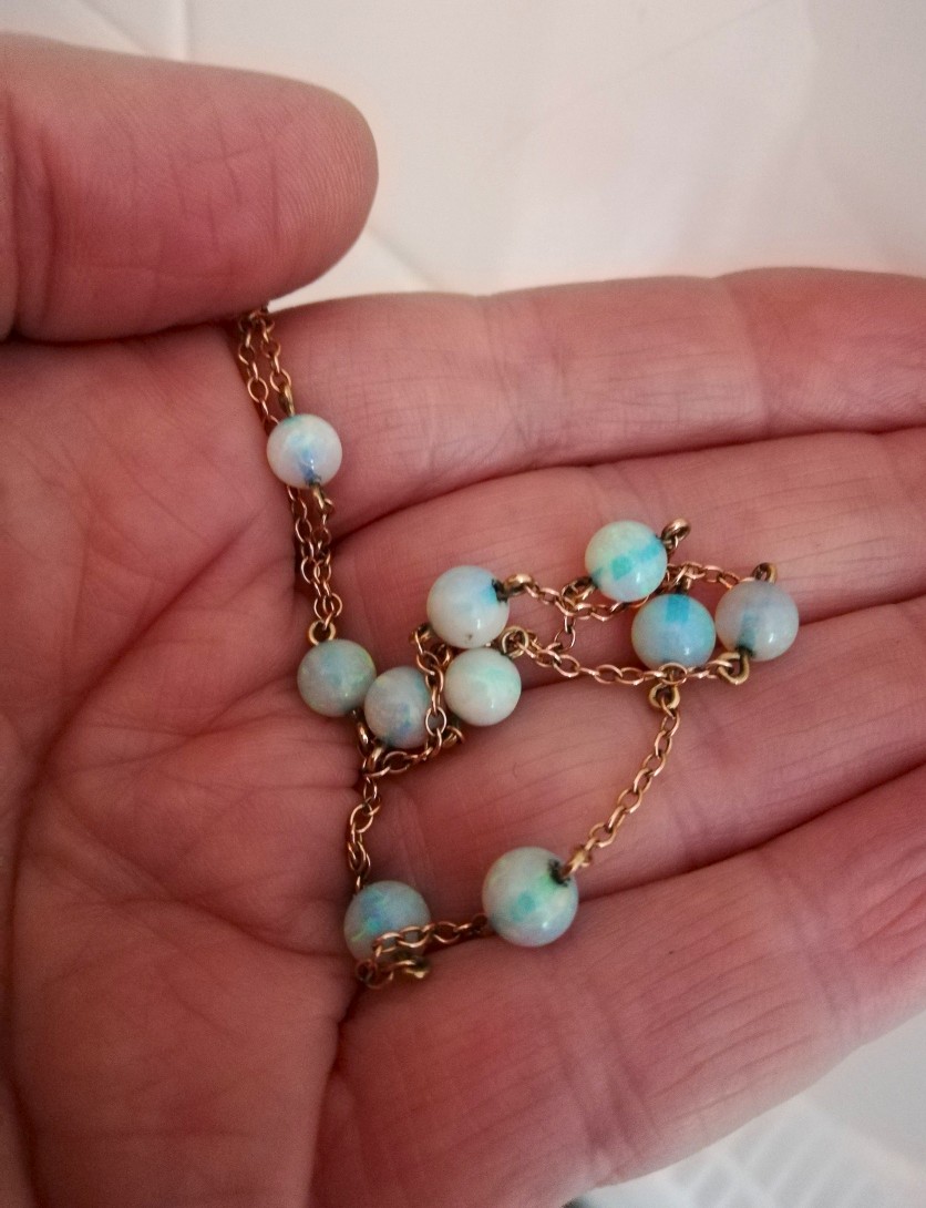 Edwardian c1910 14ct rose gold and fiery opal beads station necklace - Image 7