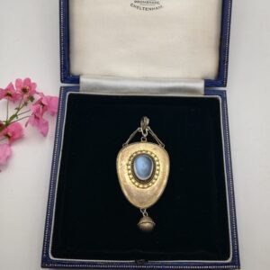 Antique silver gilt and Ceylon blue moonstone pendant Arts & Crafts meets Etruscan design