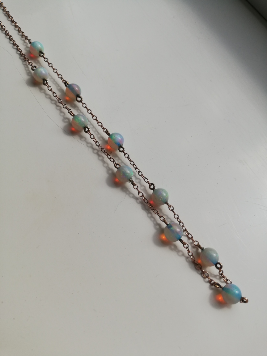 Edwardian c1910 14ct rose gold and fiery opal beads station necklace - Image 4