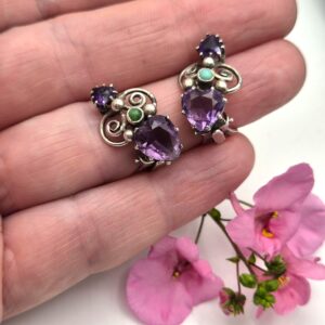 Dorrie Nossiter 1930s Arts and Crafts Toi et Moi amethyst and turquoise heart earrings