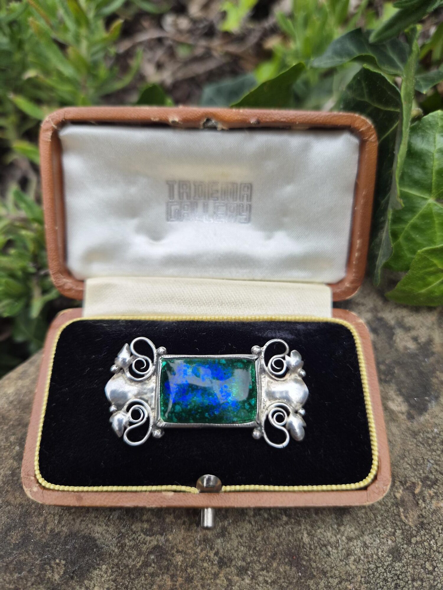 Charles Robert Ashbee for the Guild of Handicraft important enamel silver brooch c1900 in fitted Tadema Gallery box